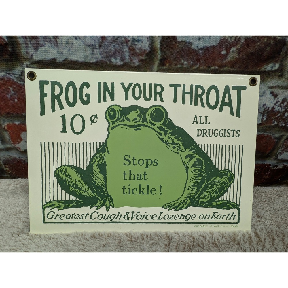 Ande Rooney Frog In Your Throat Porcelain Enameled Sign Vintage 1986 Green 9x6